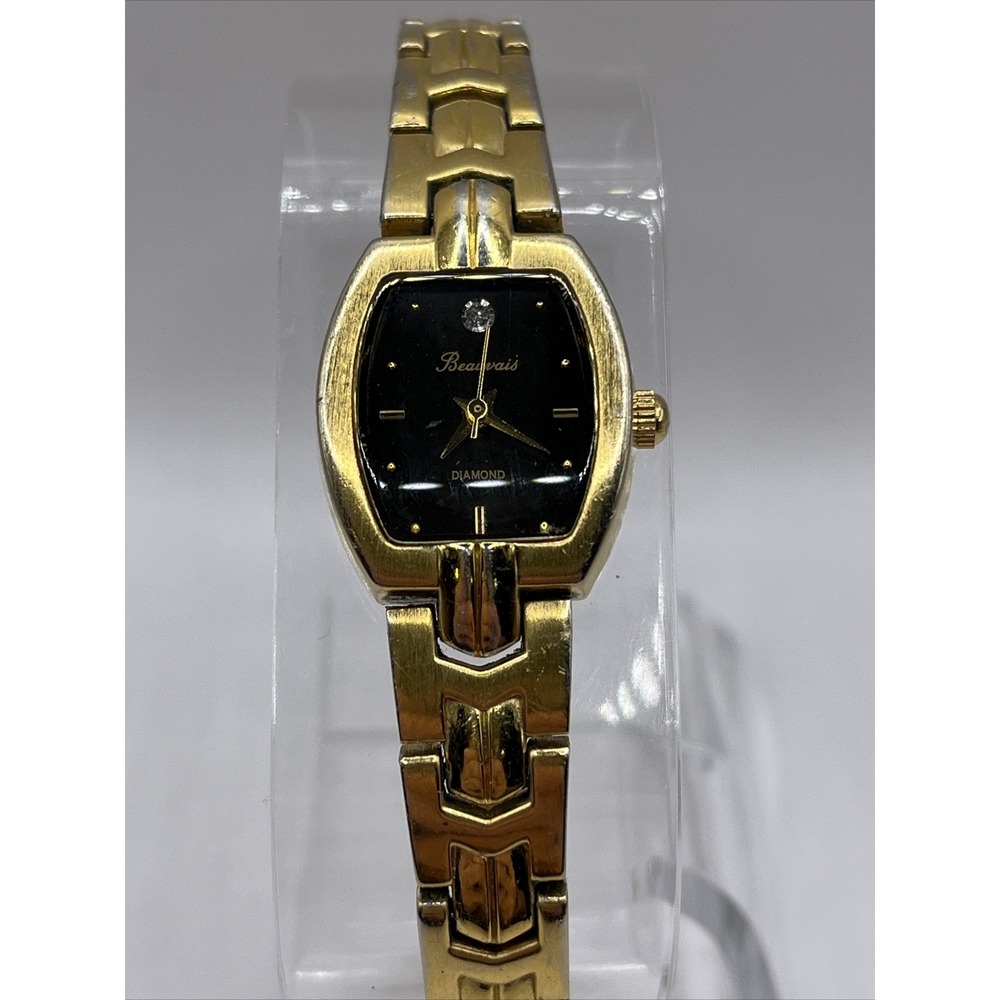 Beauvais Diamond Women's Quartz Watch Gold Band‎ Black Dial- New Battery